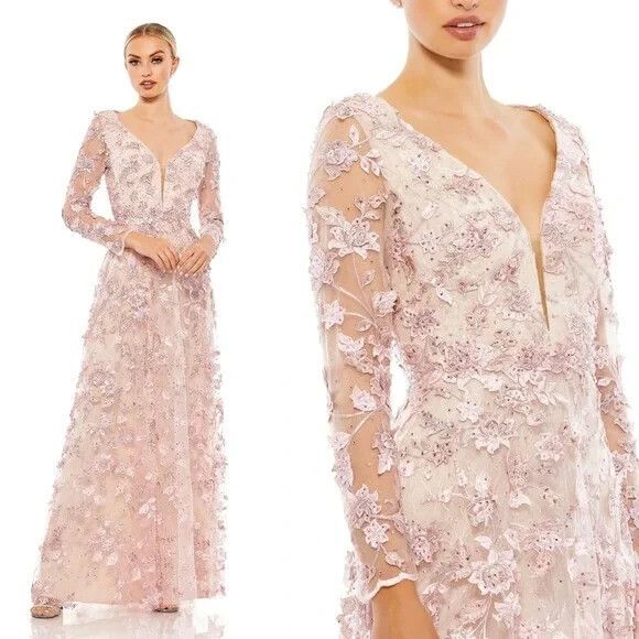 Mac Duggal 70224 Floral Applique Long Sleeve Illusion Gown Rose Pink NWT - Picture 2 of 8